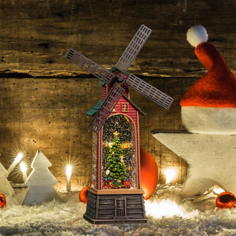 Moinho de vento natalino com globo de neve e música (PROMOÇÃO)